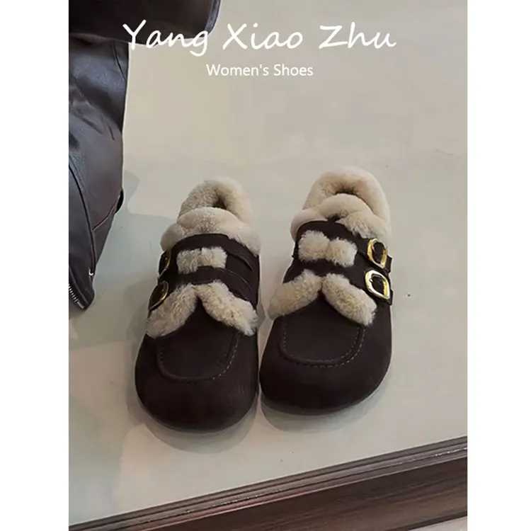 牛皮版~复古风圆头加绒保暖勃肯鞋女2025冬季新款皮带扣毛毛棉鞋