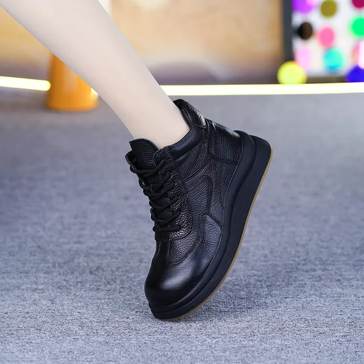 1253新款真皮舒适系带休闲鞋头层牛皮圆头软底软面休闲百搭高帮鞋