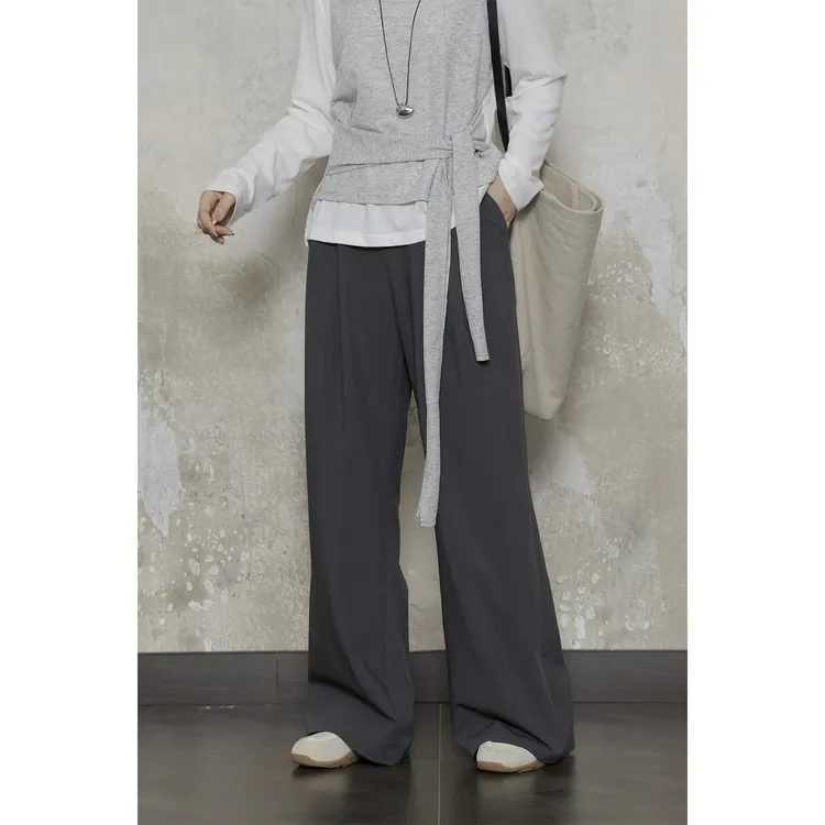 现货大婉酱微胖定制【捏褶高腰裤】百搭休闲直筒裤秋显瘦长裤8974D