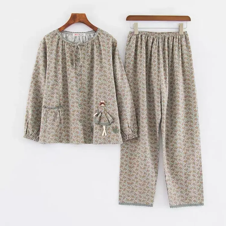 睡衣女士春秋款纯棉长袖秋季全棉薄款中年妈妈夏季大码开衫家居服