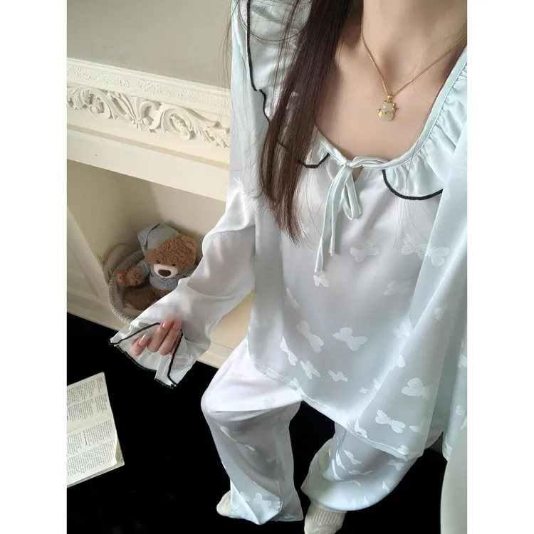 温柔甜美蝴蝶结纯色冰丝睡衣女春秋2025新款长袖长裤家居服可外穿