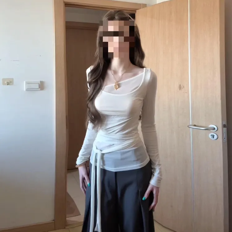 设计感绑带不规则长袖t恤女早秋季高级感修身显瘦内搭打底衫上衣