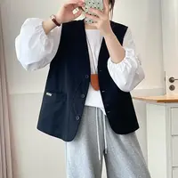 微胖大码休闲宽松复古四季通用马夹秋季V领口袋简约女百搭拼接