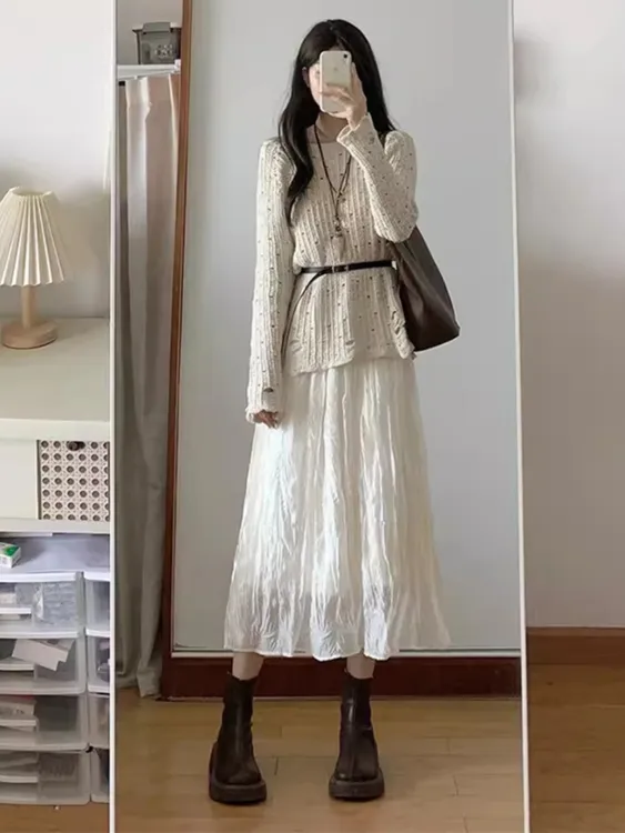 早秋女装韩系初秋茶系奶系穿搭一整套上衣裙子御姐韩剧小香风套装