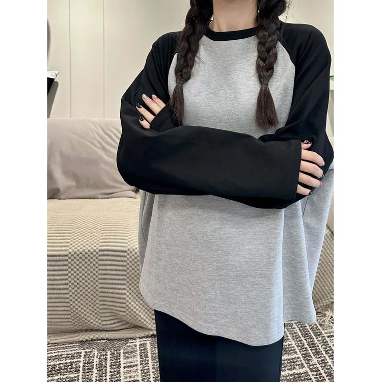 极简潮牌美式复古拼色长袖纯棉t恤女春秋季宽松新款插肩上衣ins潮