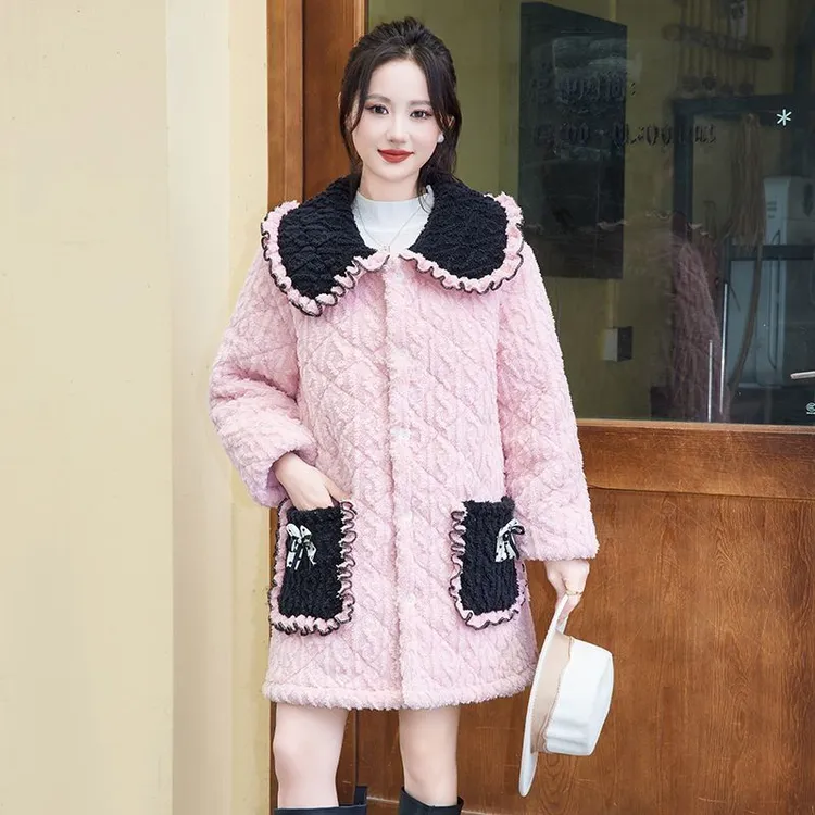 冬季加绒新款罩衣加厚省服外套中长款棉服加绒棉袄棉衣保暖外穿