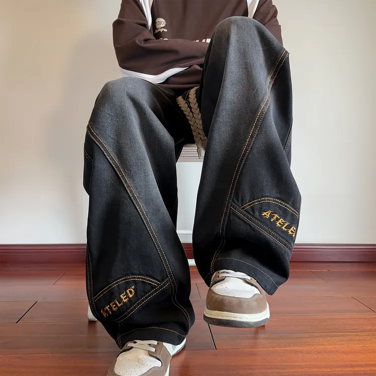 玛斯柏美式潮牌痞帅设计感工装牛仔裤男春秋季百搭阔腿直筒休闲裤