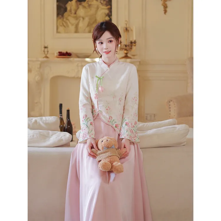 瑶西【郁香折影】立领长袖长裙粉色A字裙气质中式暗纹提花两件套