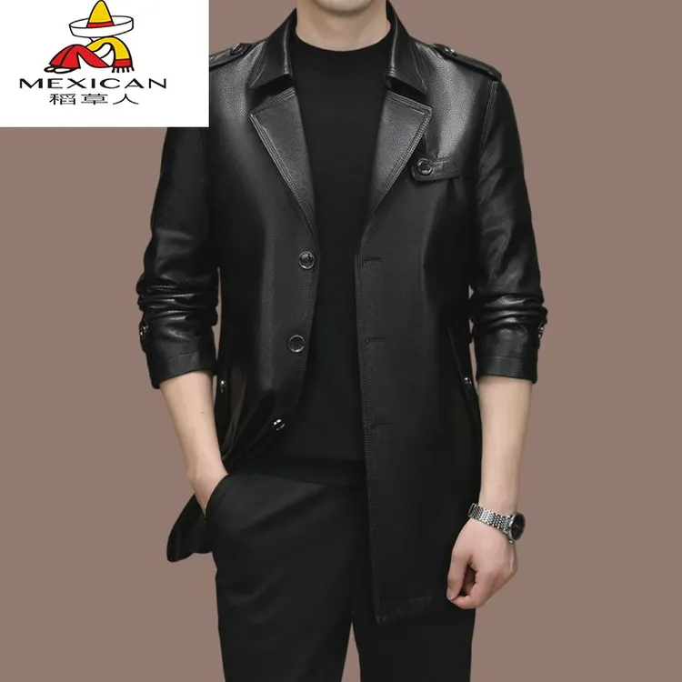 稻草人品牌男士皮衣中长款有加绒秋冬休闲长袖英伦风衣外