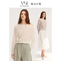 薇光什集 设计感一字领花朵绵羊毛针织衫早秋薄款宽松套头毛衣