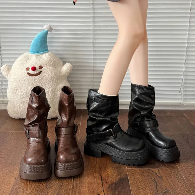 棕色美拉德厚底马丁靴女2025秋冬新款短靴厚底增高堆堆短筒裤管靴