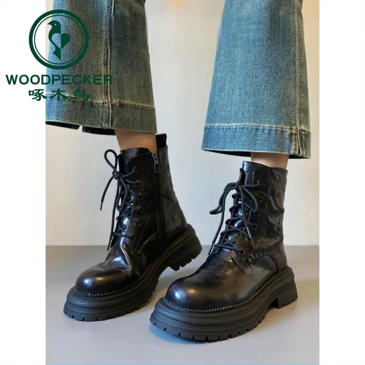 啄木鸟复古厚底马丁靴女英伦风2025新款黑色百搭靴子圆头机车短靴