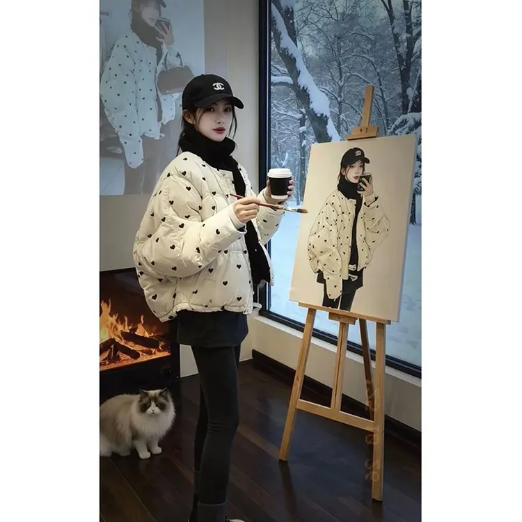 设计感小众爱心印花棉服外套女冬季新款宽松加厚保暖韩版棉衣棉袄