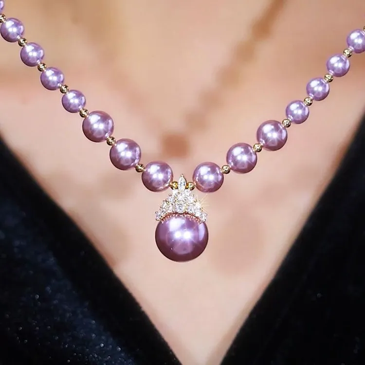 法式复古镶钻紫色珍珠吊坠项链优雅大气设计感独特时首饰女