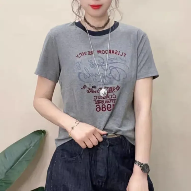 圆领字母印花短袖T恤女2025夏季新款韩版时尚撞色休闲百搭上衣潮