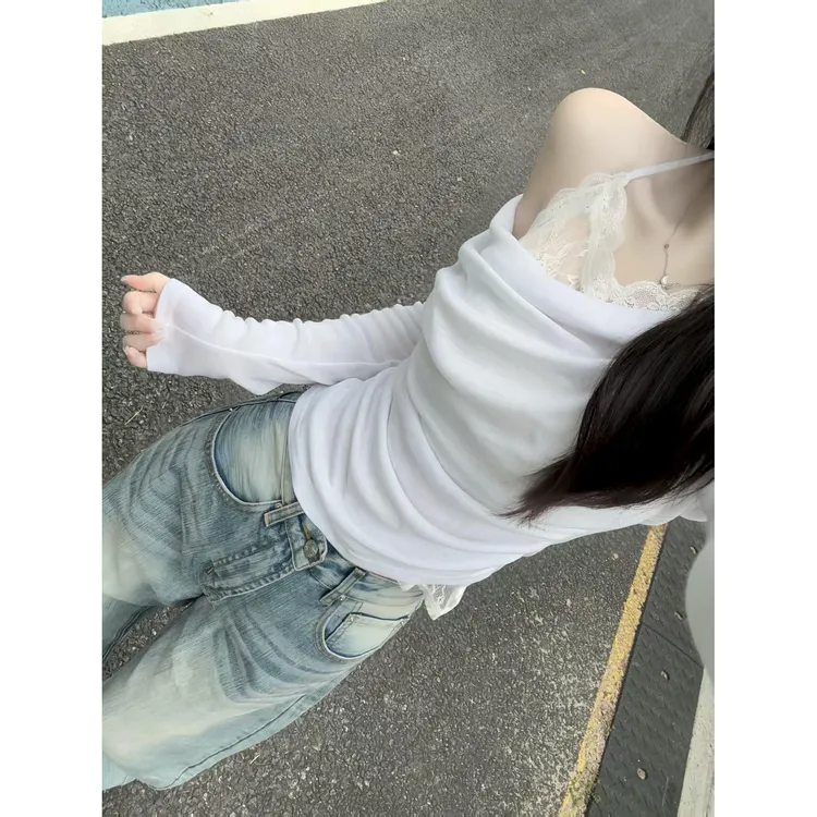 韩系假两件斜肩长袖打底衫女秋季内搭高级感巨好看修身露肩短上衣
