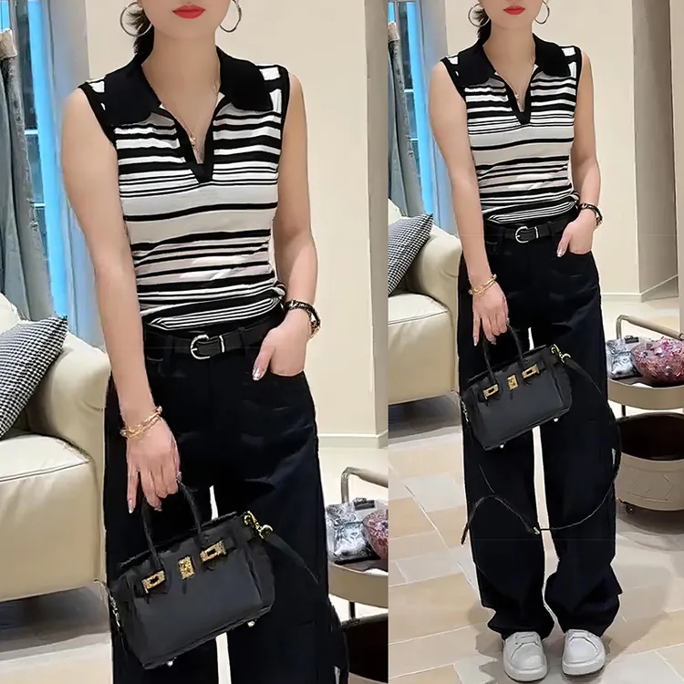 时尚风潮牌女装显瘦polo领条纹上衣高腰藏蓝显瘦阔腿裤两件套