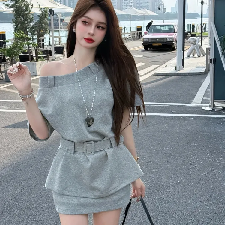 韩系休闲漂亮时尚套装裙斜肩宽松短袖上衣高腰A字半身短裙两件套
