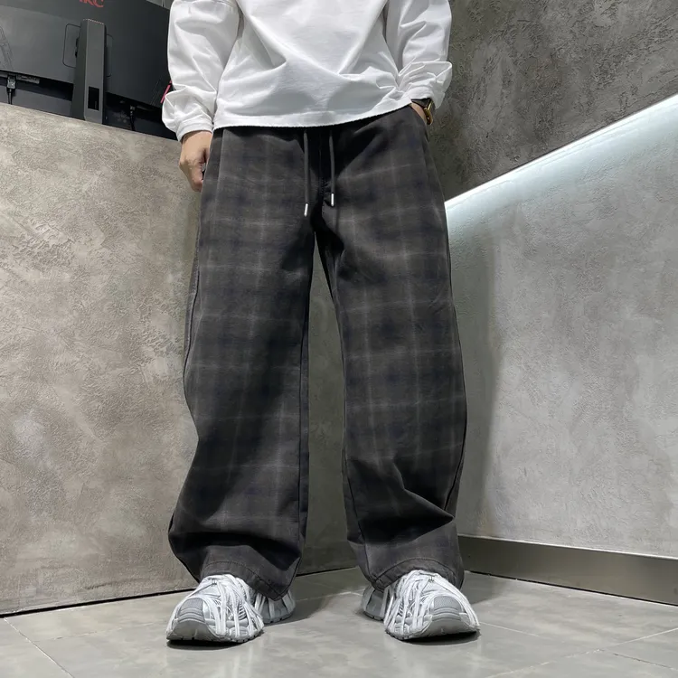 2025慵懒老钱格子休闲裤加绒百搭男士宽松复古潮流韩版直筒长裤