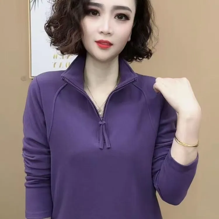 秋冬新款时尚百搭半拉链纯色打底衫女士休闲显瘦妈妈气质外穿上衣