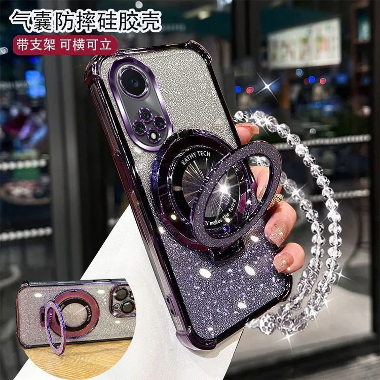四角防摔华为Nova9手机壳NAMAL00女款护镜流行闪粉支架手链软硅胶