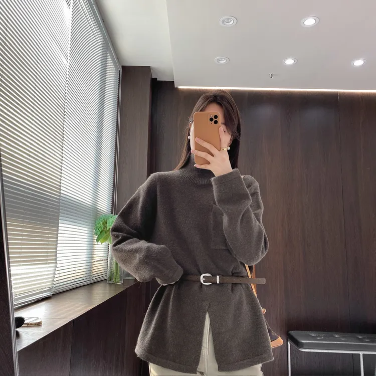 IMFLY金小金自制女装 针织衫DYW10190秋冬洋气高领系腰带开叉毛衣