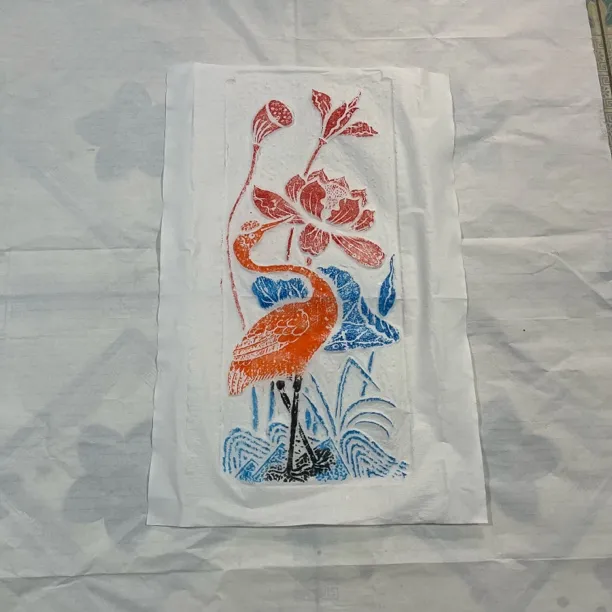【拓石记】老石雕 天鹅荷花图 手工拓片 拓印画 宣纸彩拓 画心62/26