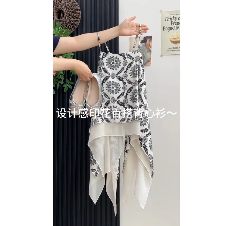 2025年夏季新款复古气质民族风印花百搭吊带背心不规则宽松上衣女