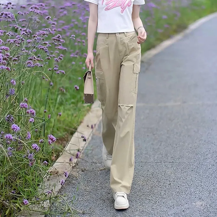 拉夏贝尔高腰瘦直筒时尚休闲裤2025新款宽松登山裤薄款阔腿工装裤