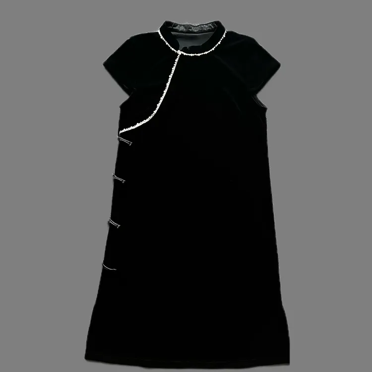 （中长裙）夏季新中式侧开叉斜襟面膜丝绒短裙