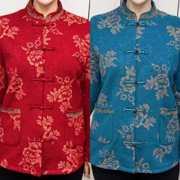 冬季中老年妈妈加绒盘扣开衫上衣