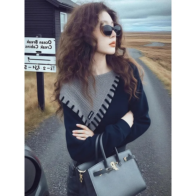 韩系高级感不对称撞色拼接卫衣女秋冬设计感小众chic时尚内搭上