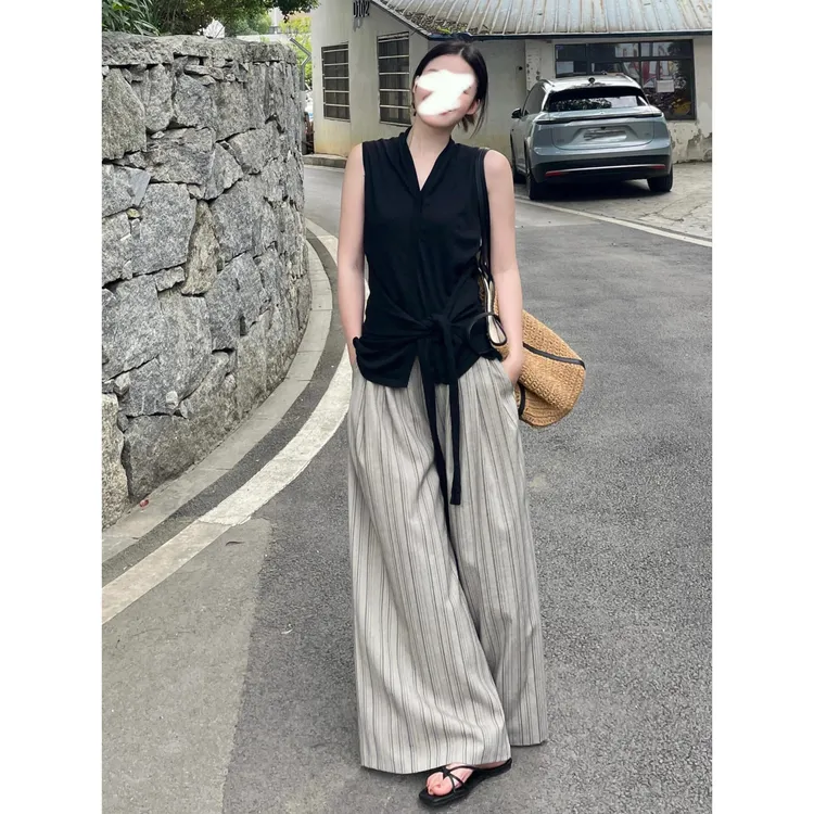 裤长112cm高个子加长老钱风条纹褶皱阔腿裤女夏季慵懒宽松休闲裤