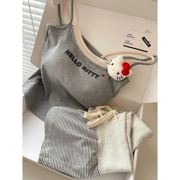 甜美少女Kitty胸垫吊带可爱睡衣女2025新款条纹短裤套装居家服zk