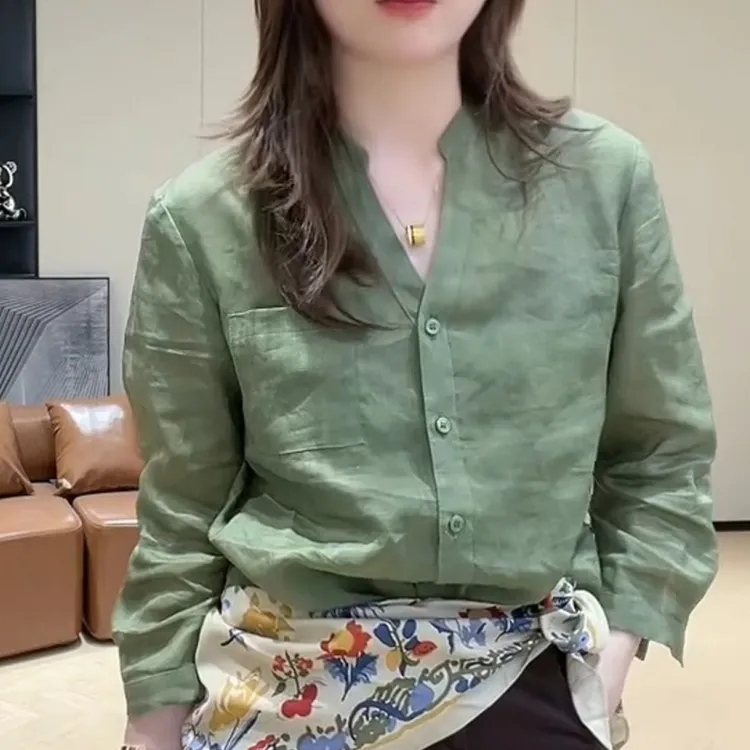 早秋新款V领单排扣老钱风百搭小衫简约韩版上衣LK2505728