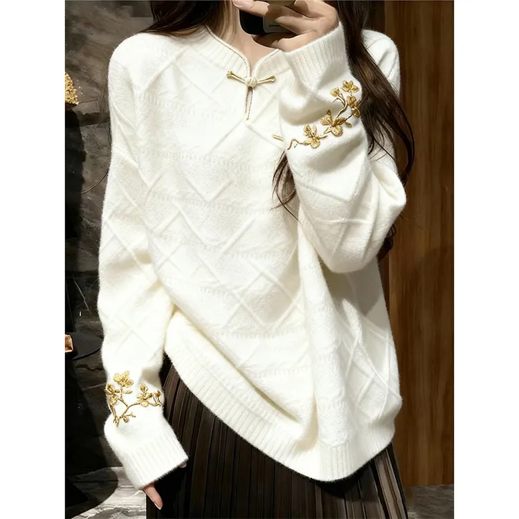 新中式国风毛衣女秋冬2025新款高端时髦洋气巨好看内搭印花针织衫