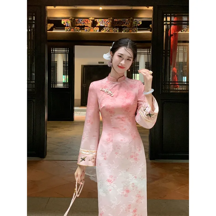 凌茜恣禾【桃杏】国风新中式碎花刺绣连衣裙气质端庄显瘦改良旗袍裙