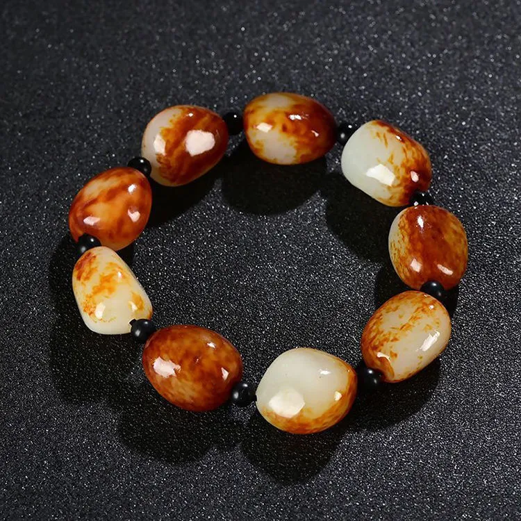 新疆和田玉枣红皮随形珠子手串男女款不规则随形红皮手链男女款