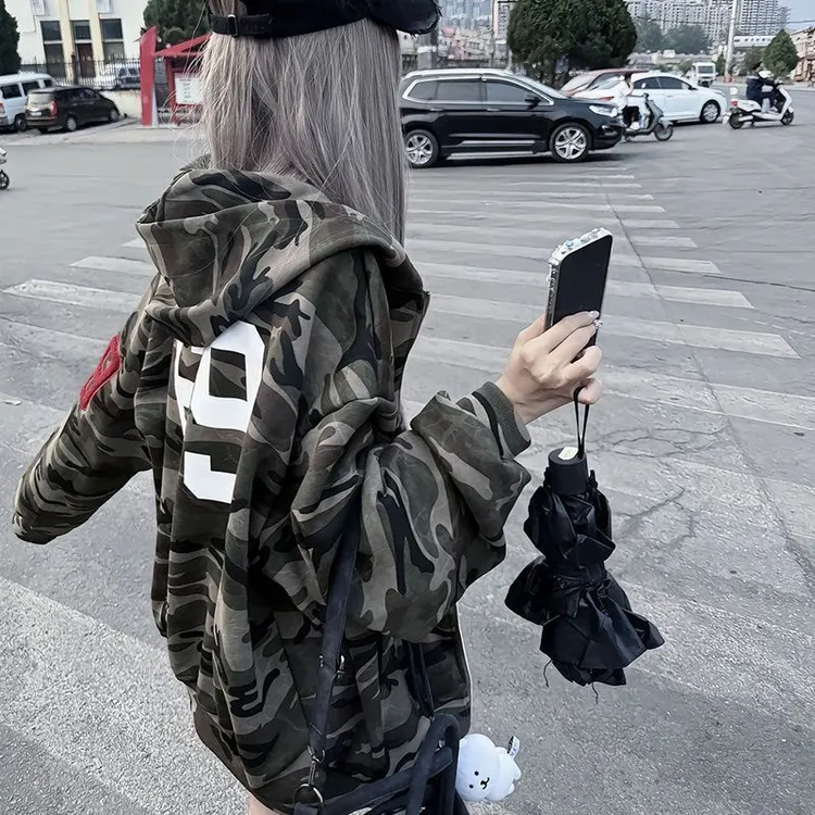 纯棉大码胖mm美式复古迷彩开衫卫衣女早秋冬加绒oversize拉链外套