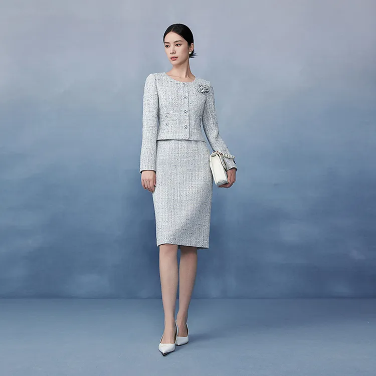 山茶花轻薄花呢优雅连衣裙2025年早春优雅层次感-MJGA01WOP312U01