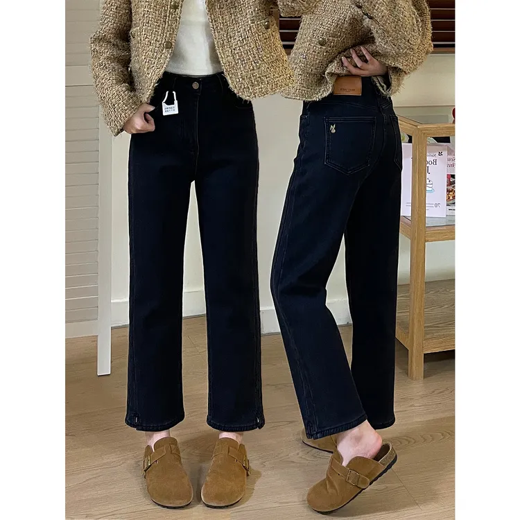 加绒加厚弹力牛仔裤女小个子裤子胖MM显瘦大码高腰直筒九分烟管裤