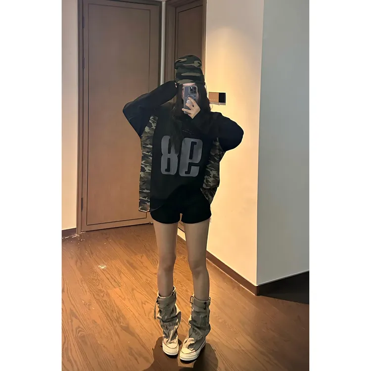 早秋休闲长袖POLO领针织运动常规款百搭时尚迷彩拼接黑色T恤宽松