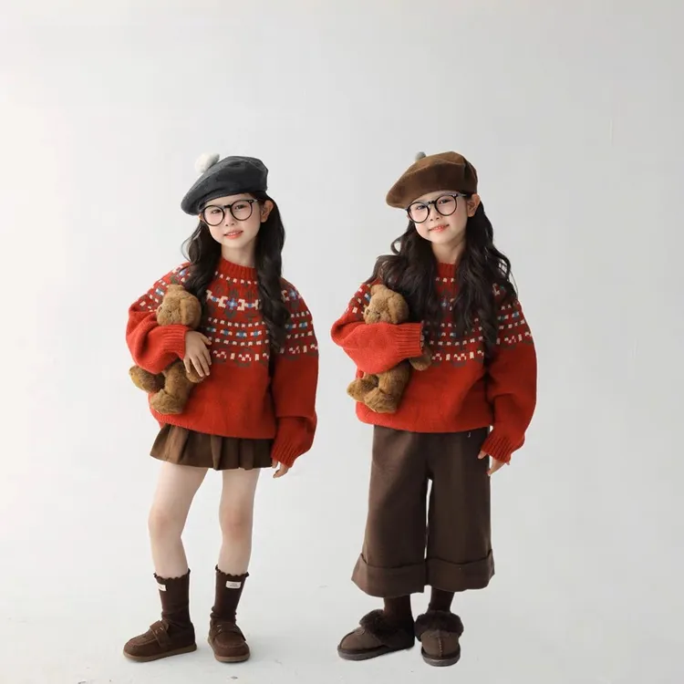 女童套装25冬款韩版红色圣诞新年加厚毛衣棕色百褶裙加绒裤两件套