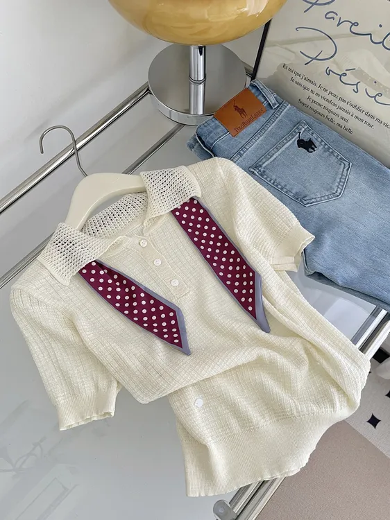 丝巾蝴蝶结针织短袖女夏季新款翻领镂空修身冰丝T恤短款减龄上衣