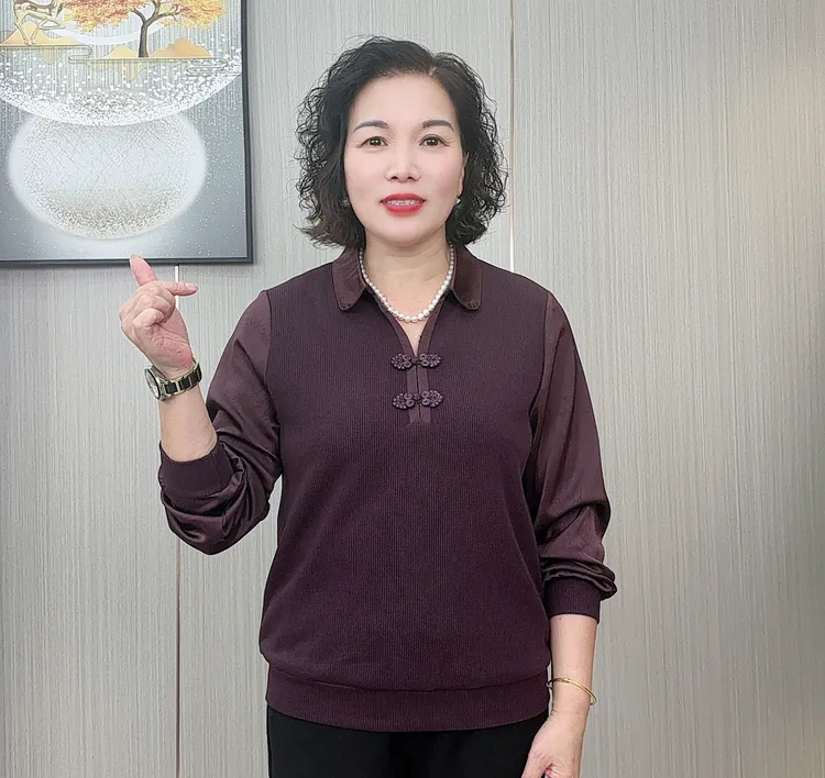 新中式国风长袖女t恤2025新款洋气妈妈polo衫百搭针织上衣翻领