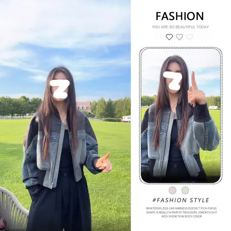 港味复古牛仔短外套女秋季新款宽松显瘦设计感拼接皮夹克开衫上衣