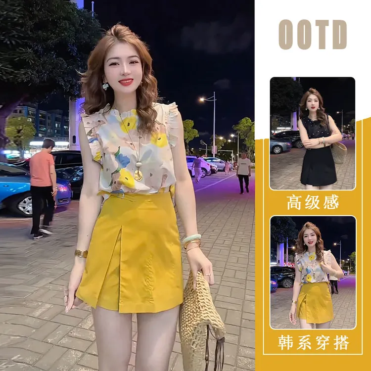 花瓣袖圆领印花显瘦小个子上衣衬衫2025夏新款不规则洋气高腰短裙