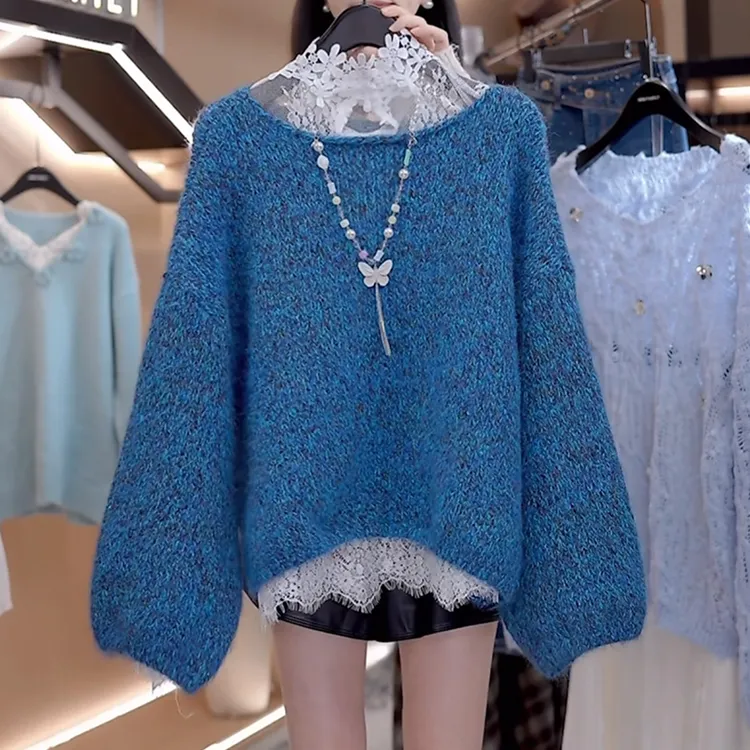 蕾丝钩花蓝色毛衣女士2025秋季慵懒风宽松显瘦高领针织打底衫套装