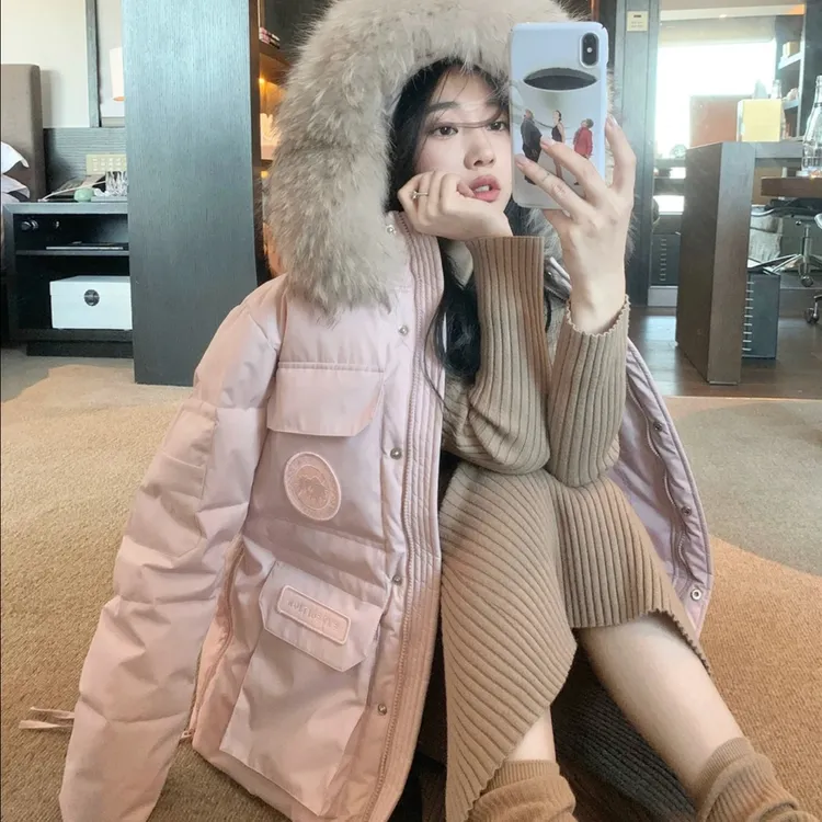 2025新款蓝色派克服棉服女中长款情侣ins大毛领保暖棉袄韩版外套