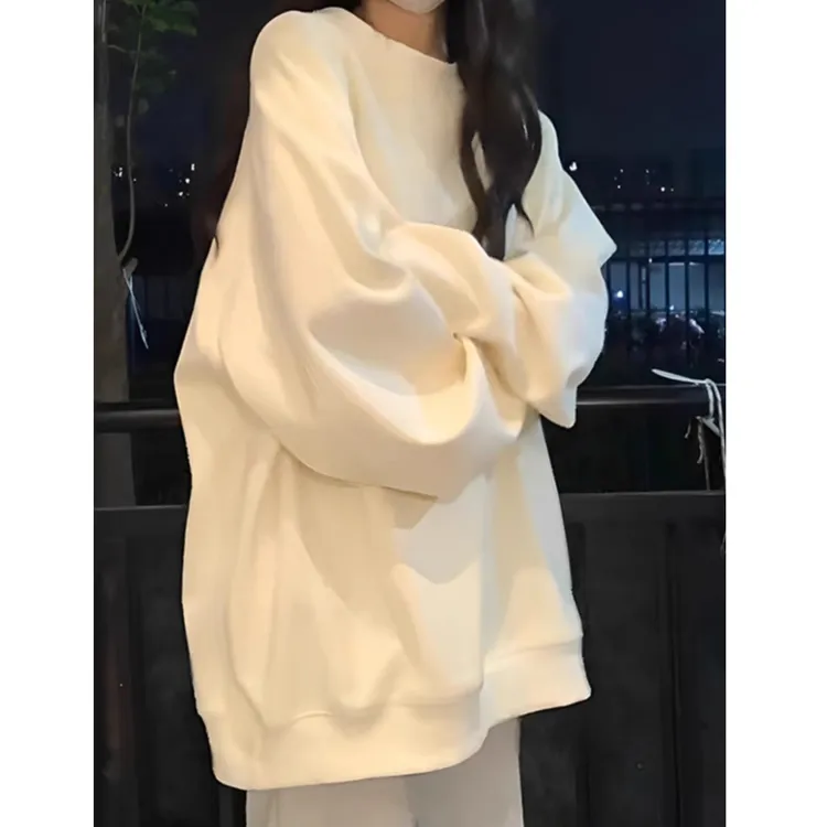 美式杏色圆领无帽卫衣女2025秋冬加绒加厚oversize慵懒风宽松上衣